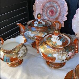 Antique Japanese Kutani eggshell porcelain lidded sugar bowl, teapot and creamer
